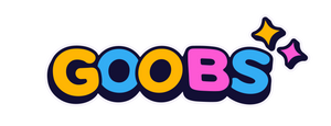 Colorful 'GOOBS' logo with stars on a white background